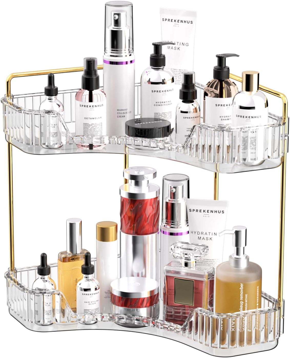 Luxury Gold Skincare - رف تخزين شفاف من طبقتين للحمام،